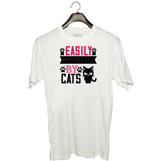                       UDNAG Unisex Round Neck Graphic 'Cat | easily distracted by cats' Polyester T-Shirt White                                              