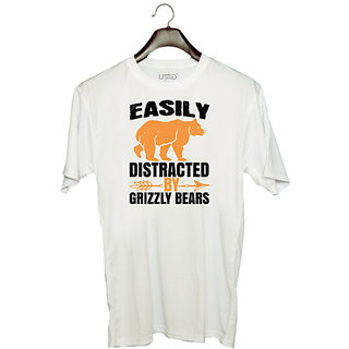                       UDNAG Unisex Round Neck Graphic 'Bear | easily distracted by grizzly bears' Polyester T-Shirt White                                              