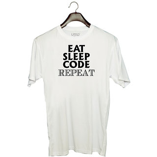                       UDNAG Unisex Round Neck Graphic 'Code | eat sleep code repeat' Polyester T-Shirt White                                              