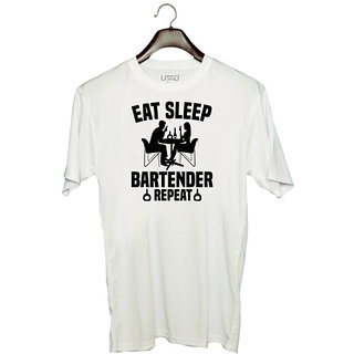                       UDNAG Unisex Round Neck Graphic 'Bartender | Eat sleep' Polyester T-Shirt White                                              