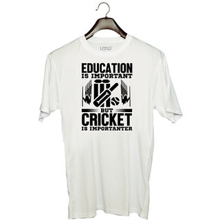                       UDNAG Unisex Round Neck Graphic 'Cricket | Education is' Polyester T-Shirt White                                              