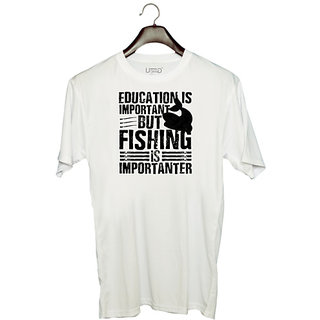                       UDNAG Unisex Round Neck Graphic 'Fishing | Education' Polyester T-Shirt White                                              