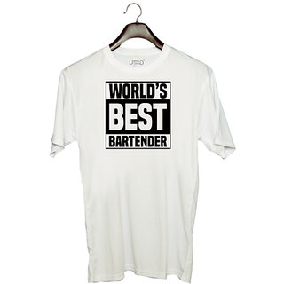                       UDNAG Unisex Round Neck Graphic 'Bartender | World's best' Polyester T-Shirt White                                              