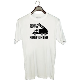                       UDNAG Unisex Round Neck Graphic 'Firefighter | World's okayest-1' Polyester T-Shirt White                                              