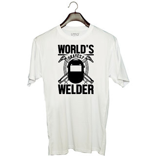                       UDNAG Unisex Round Neck Graphic 'Welder | World's okayest' Polyester T-Shirt White                                              