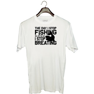                       UDNAG Unisex Round Neck Graphic 'Fishing | The Day' Polyester T-Shirt White                                              