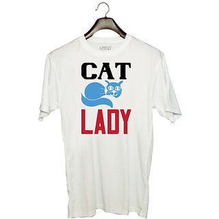                       UDNAG Unisex Round Neck Graphic 'Lady | cat lady' Polyester T-Shirt White                                              