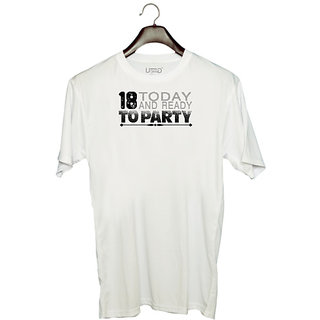                       UDNAG Unisex Round Neck Graphic 'Party | 18 today' Polyester T-Shirt White                                              