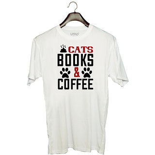                       UDNAG Unisex Round Neck Graphic 'Books Cat Coffee | cats books and coffee' Polyester T-Shirt White                                              
