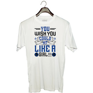                       UDNAG Unisex Round Neck Graphic 'Girl | You wish you could hit like a girl!!!!!!' Polyester T-Shirt White                                              