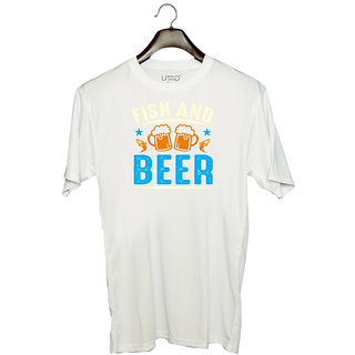                       UDNAG Unisex Round Neck Graphic 'Beer | Fish And beer' Polyester T-Shirt White                                              