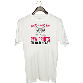                       UDNAG Unisex Round Neck Graphic 'Cat | cats leave paw prints on your heart' Polyester T-Shirt White                                              