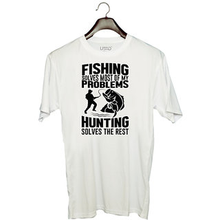                       UDNAG Unisex Round Neck Graphic 'Fishing Hunting | Fishing solves' Polyester T-Shirt White                                              