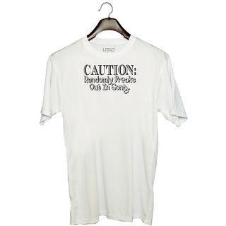                       UDNAG Unisex Round Neck Graphic 'Caution | caution randomly' Polyester T-Shirt White                                              