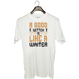                       UDNAG Unisex Round Neck Graphic 'Setter waiter | A good setter is like a waiter' Polyester T-Shirt White                                              