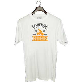                       UDNAG Unisex Round Neck Graphic 'Gym Work out | train hard or go home' Polyester T-Shirt White                                              