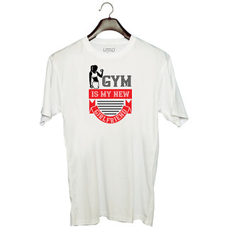                       UDNAG Unisex Round Neck Graphic 'Gym Work out | gym is my new girlfriend' Polyester T-Shirt White                                              