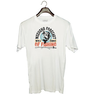                       UDNAG Unisex Round Neck Graphic 'Fishing | WITH ACHANGEWEEKEND FORECASTOF FISHING' Polyester T-Shirt White                                              