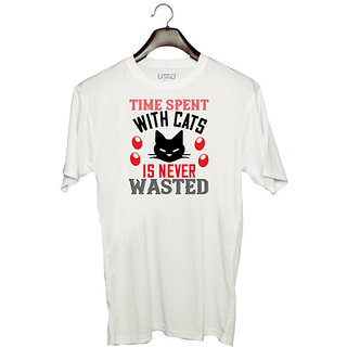                       UDNAG Unisex Round Neck Graphic 'Cat | time spend with cat is never wasted 01' Polyester T-Shirt White                                              