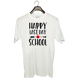                       UDNAG Unisex Round Neck Graphic 'School | Happy Last Day School' Polyester T-Shirt White                                              