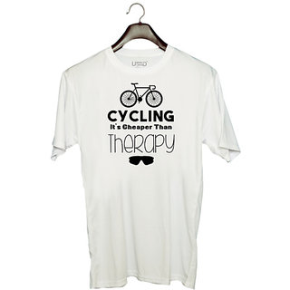                       UDNAG Unisex Round Neck Graphic 'Cycling | ycling it's Cheaper' Polyester T-Shirt White                                              