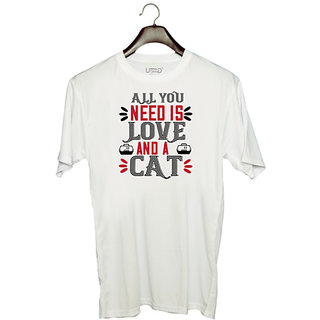                       UDNAG Unisex Round Neck Graphic 'Cat | ll you need is love' Polyester T-Shirt White                                              
