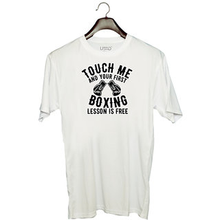                       UDNAG Unisex Round Neck Graphic 'Boxing | Touch Me' Polyester T-Shirt White                                              