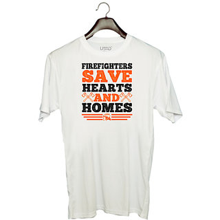                       UDNAG Unisex Round Neck Graphic 'Fireman Firefighter | Firefighters save hearts and homes. 1' Polyester T-Shirt White                                              
