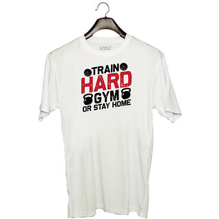                      UDNAG Unisex Round Neck Graphic 'Gym | Train Hard Gym Or Stay Home' Polyester T-Shirt White                                              