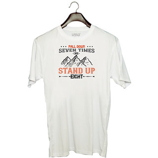                       UDNAG Unisex Round Neck Graphic 'Mountain Adventure | Fall down seven times and stand up eight' Polyester T-Shirt White                                              