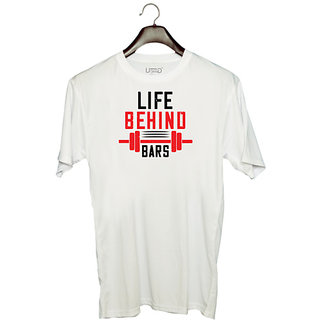                       UDNAG Unisex Round Neck Graphic 'Gym | life behind bars' Polyester T-Shirt White                                              
