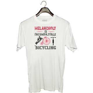                       UDNAG Unisex Round Neck Graphic 'Cycling | Melancholy is incompatible with bicycling' Polyester T-Shirt White                                              