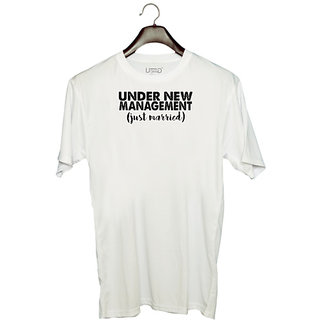                       UDNAG Unisex Round Neck Graphic 'Couple | nder new management' Polyester T-Shirt White                                              