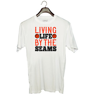                       UDNAG Unisex Round Neck Graphic 'Basketball | Living life by the seams' Polyester T-Shirt White                                              