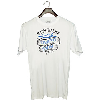                       UDNAG Unisex Round Neck Graphic 'Swiming | Swim to Live.Live to Swim' Polyester T-Shirt White                                              