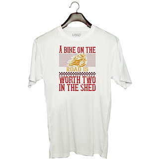                       UDNAG Unisex Round Neck Graphic 'Rider | A bike on the worth two in the shet' Polyester T-Shirt White                                              