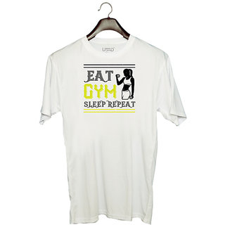                       UDNAG Unisex Round Neck Graphic 'Gym | eat gym sleep repeat' Polyester T-Shirt White                                              