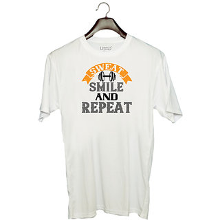                       UDNAG Unisex Round Neck Graphic 'Gym | sweat smail and repeat' Polyester T-Shirt White                                              
