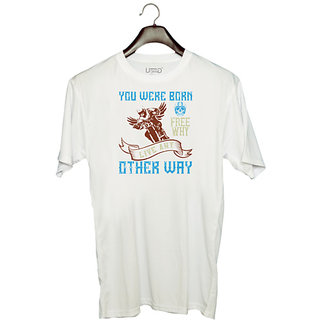                       UDNAG Unisex Round Neck Graphic 'Death Rider | you were born free why live nay other way' Polyester T-Shirt White                                              