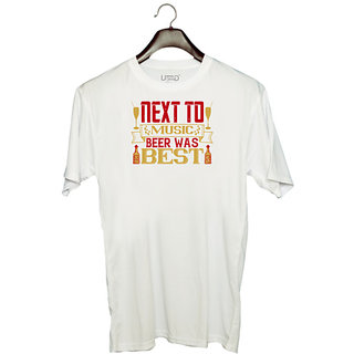                       UDNAG Unisex Round Neck Graphic 'Beer, music | Next to music, beer was best' Polyester T-Shirt White                                              