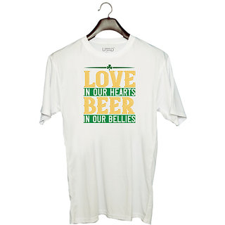                       UDNAG Unisex Round Neck Graphic 'Beer | love in our hearts beer in our bellies' Polyester T-Shirt White                                              
