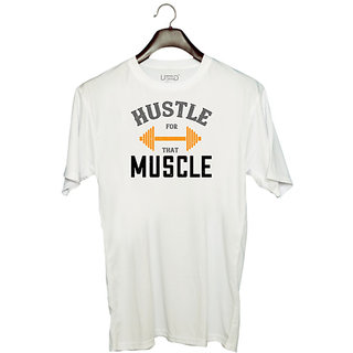                       UDNAG Unisex Round Neck Graphic 'Gym | hustel for that muscle' Polyester T-Shirt White                                              