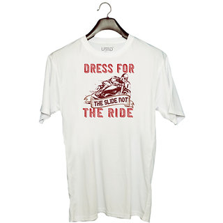                       UDNAG Unisex Round Neck Graphic 'Rider Biker | dress for the slide not the ride' Polyester T-Shirt White                                              