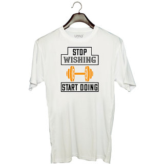                       UDNAG Unisex Round Neck Graphic 'Gym | stop weshing start doing' Polyester T-Shirt White                                              