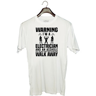                       UDNAG Unisex Round Neck Graphic 'Electrician | Warning 2' Polyester T-Shirt White                                              