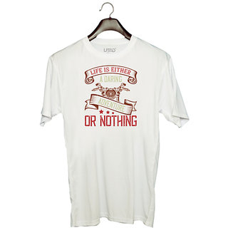                       UDNAG Unisex Round Neck Graphic 'Adventure Rider | life is either a daring adventure or nothing' Polyester T-Shirt White                                              
