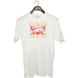                       UDNAG Unisex Round Neck Graphic 'Fishing | Rise and shine, its fishing time' Polyester T-Shirt White                                              