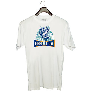                       UDNAG Unisex Round Neck Graphic 'Fishing | Fish all day,' Polyester T-Shirt White                                              