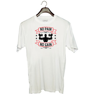                       UDNAG Unisex Round Neck Graphic 'Gym | no pain no gain' Polyester T-Shirt White                                              
