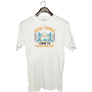                       UDNAG Unisex Round Neck Graphic 'Fishing | Good things come to those who bait,' Polyester T-Shirt White                                              